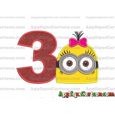 Minion Girl Head Applique Embroidery Design Birthday Number 3