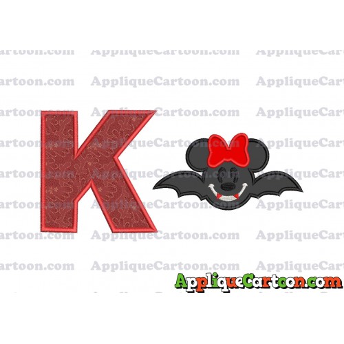 Minnie Mouse Vampire Bat With Bow Applique Embroidery Design With Alphabet K