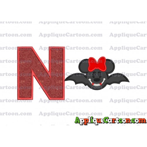 Minnie Mouse Vampire Bat With Bow Applique Embroidery Design With Alphabet N