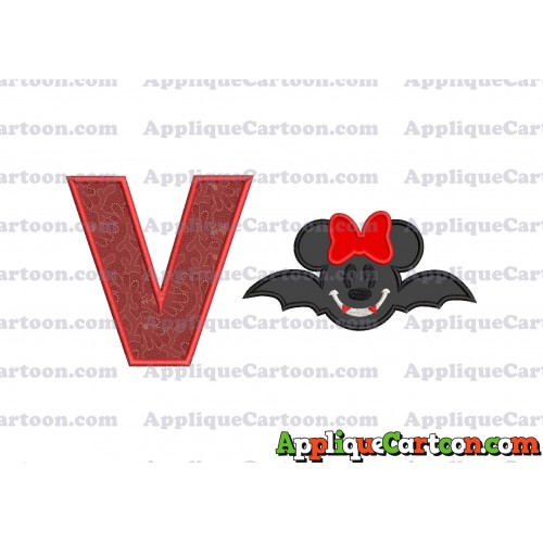 Minnie Mouse Vampire Bat With Bow Applique Embroidery Design With Alphabet V