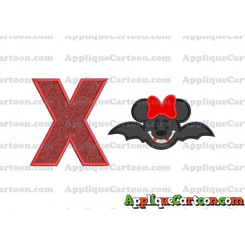 Minnie Mouse Vampire Bat With Bow Applique Embroidery Design With Alphabet X