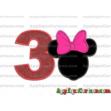 Minnie Mouse With Bow Applique Embroidery Design Birthday Number 3