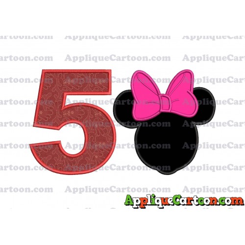 Minnie Mouse With Bow Applique Embroidery Design Birthday Number 5