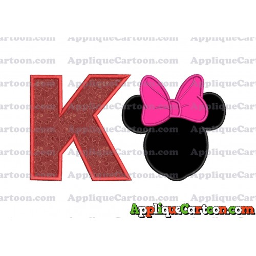Minnie Mouse With Bow Applique Embroidery Design With Alphabet K