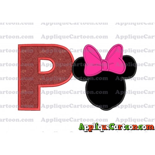 Minnie Mouse With Bow Applique Embroidery Design With Alphabet P