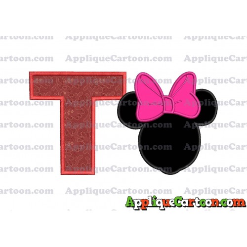 Minnie Mouse With Bow Applique Embroidery Design With Alphabet T