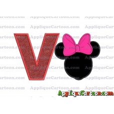 Minnie Mouse With Bow Applique Embroidery Design With Alphabet V