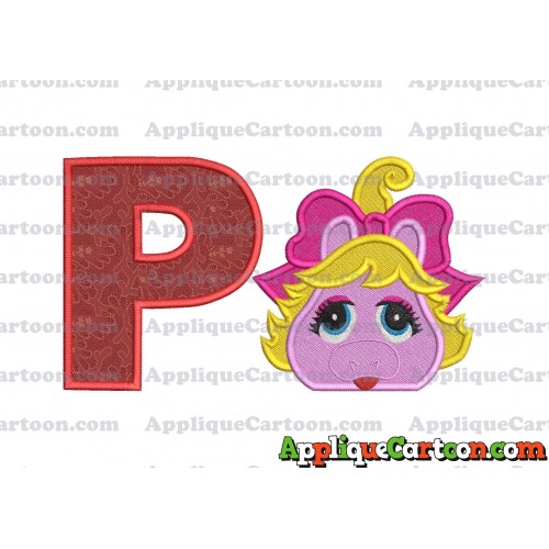 Miss Piggy Muppet Baby Head 01 Applique Embroidery Design 2 With Alphabet P