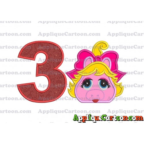 Miss Piggy Muppet Baby Head 01 Applique Embroidery Design Birthday Number 3