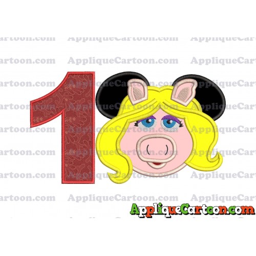 Miss Piggy Sesame Street Ears Applique Embroidery Design Birthday Number 1
