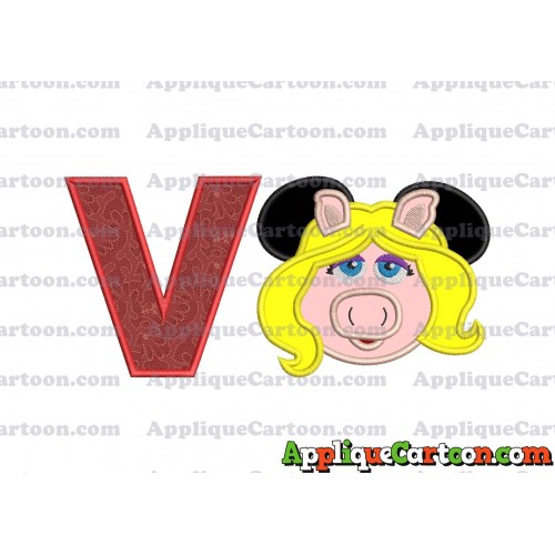 Miss Piggy Sesame Street Ears Applique Embroidery Design With Alphabet V