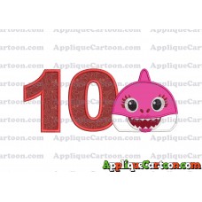 Mommy Shark Head Applique Embroidery Design Birthday Number 10