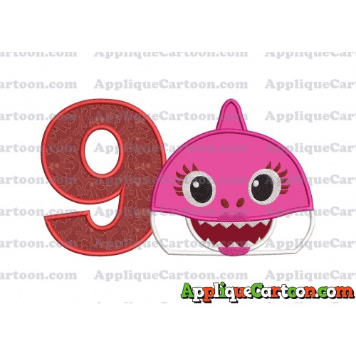 Mommy Shark Head Applique Embroidery Design Birthday Number 9