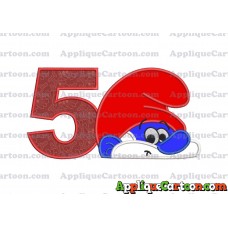 PaPa Smurf Head Applique Embroidery Design Birthday Number 5