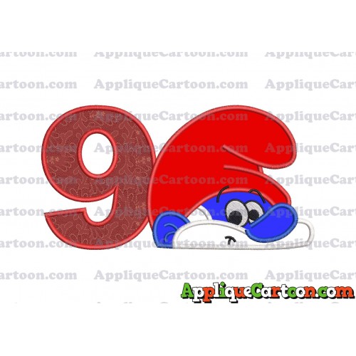 PaPa Smurf Head Applique Embroidery Design Birthday Number 9