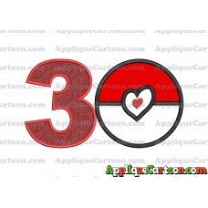 Pokeball with Heart Applique Embroidery Design Birthday Number 3