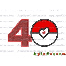 Pokeball with Heart Applique Embroidery Design Birthday Number 4