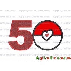 Pokeball with Heart Applique Embroidery Design Birthday Number 5