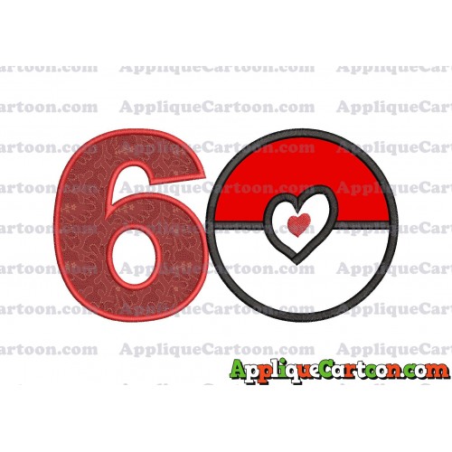 Pokeball with Heart Applique Embroidery Design Birthday Number 6