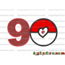 Pokeball with Heart Applique Embroidery Design Birthday Number 9