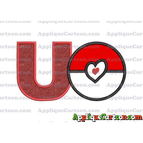 Pokeball with Heart Applique Embroidery Design With Alphabet U