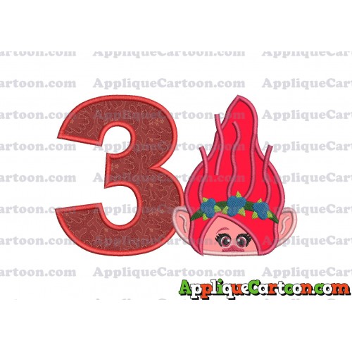 Poppy Troll Head Applique Embroidery Design Birthday Number 3