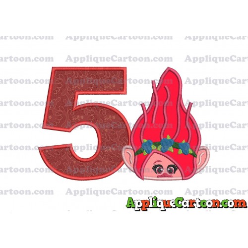 Poppy Troll Head Applique Embroidery Design Birthday Number 5