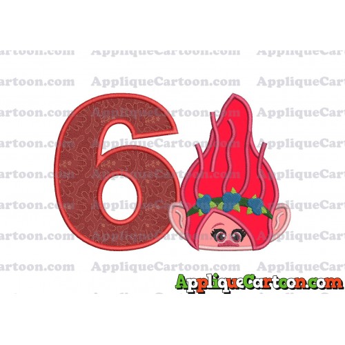 Poppy Troll Head Applique Embroidery Design Birthday Number 6