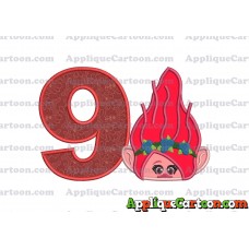 Poppy Troll Head Applique Embroidery Design Birthday Number 9