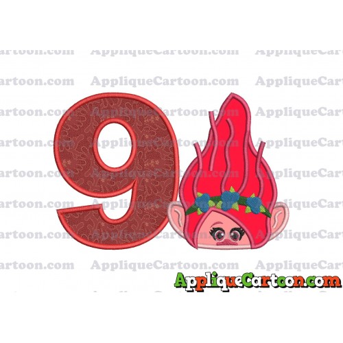 Poppy Troll Head Applique Embroidery Design Birthday Number 9
