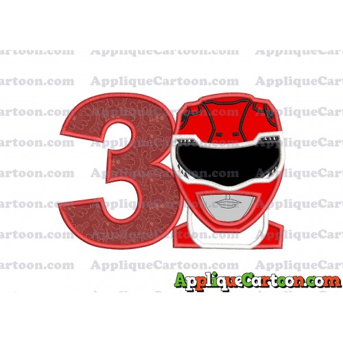 Red Power Rangers Head Applique Embroidery Design Birthday Number 3
