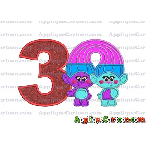 Satin and Chenille Trolls Applique Embroidery Design Birthday Number 3