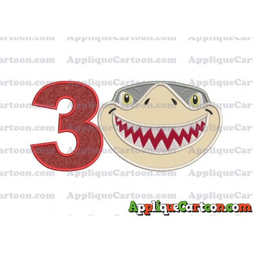 Sharky Baby Shark Head Applique Embroidery Design Birthday Number 3