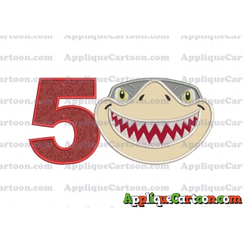 Sharky Baby Shark Head Applique Embroidery Design Birthday Number 5