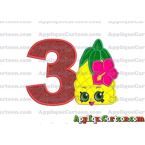 Shopkins Pineapple Head Applique Embroidery Design Birthday Number 3