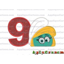 Smurfette Head Applique Embroidery Design 02 Birthday Number 9