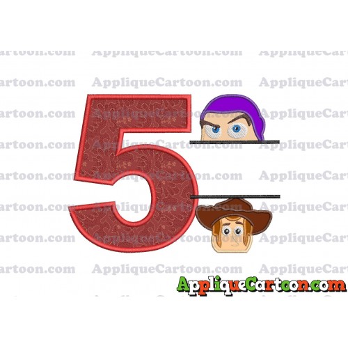 Split Buzz Lightyear and Sheriff Woody Toy Story Applique Embroidery Design Birthday Number 5