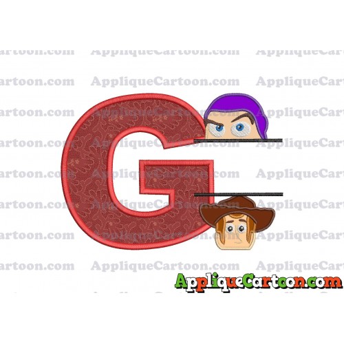 Split Buzz Lightyear and Sheriff Woody Toy Story Applique Embroidery Design With Alphabet G