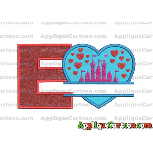 Split Heart Castle Applique Design With Alphabet E