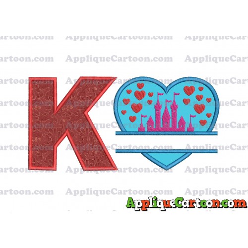 Split Heart Castle Applique Design With Alphabet K