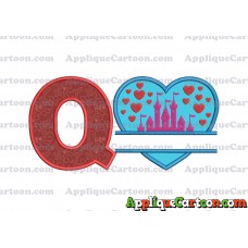 Split Heart Castle Applique Design With Alphabet Q