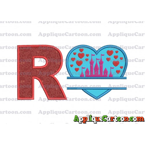 Split Heart Castle Applique Design With Alphabet R