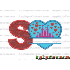 Split Heart Castle Applique Design With Alphabet S