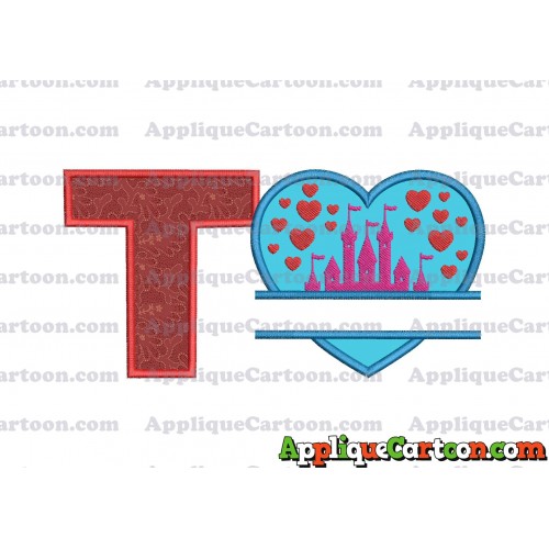 Split Heart Castle Applique Design With Alphabet T