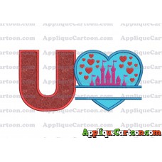 Split Heart Castle Applique Design With Alphabet U
