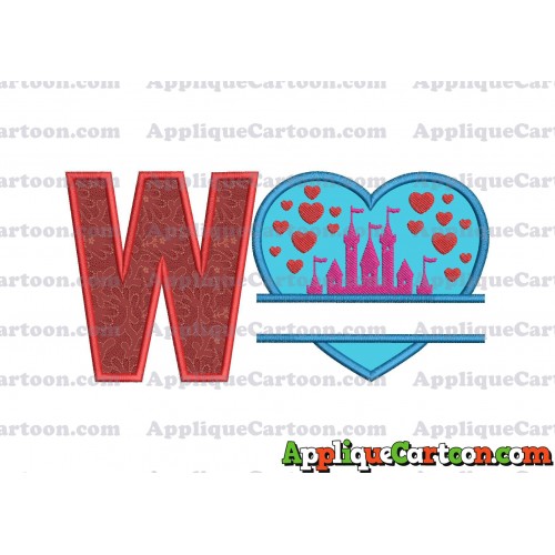 Split Heart Castle Applique Design With Alphabet W