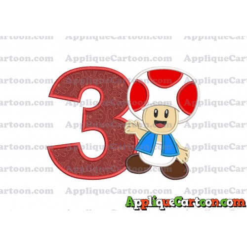 Toad Super Mario Applique Embroidery Design Birthday Number 3