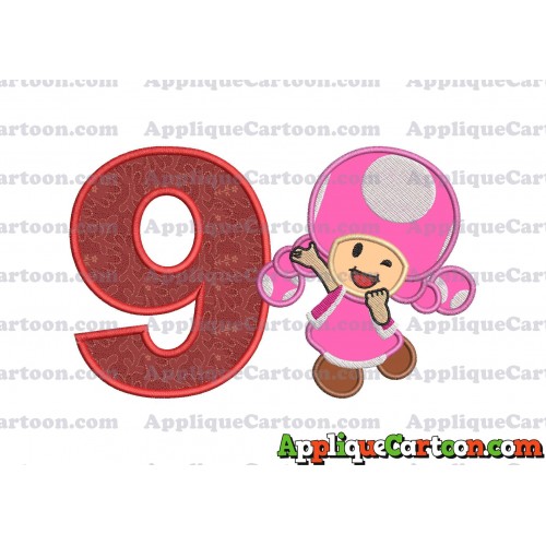 Toadette Super Mario Applique Embroidery Design Birthday Number 9