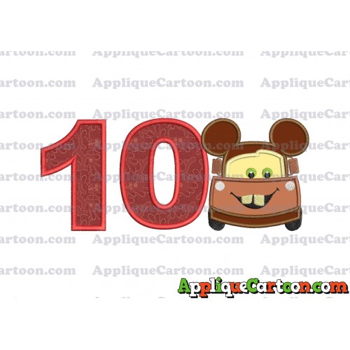 Tow Mater Ears Cars Disney Mickey Mouse Cars Applique Design Birthday Number 10