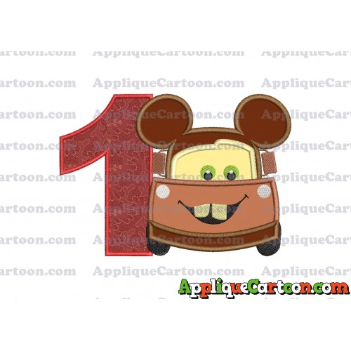 Tow Mater Ears Cars Disney Mickey Mouse Cars Applique Design Birthday Number 1